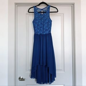 Trac royal blue high low dress with lace top